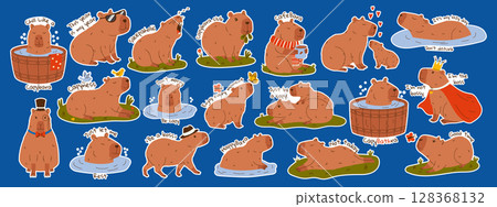 Cute capybara stickers set with text. Set of exotic rodents swimming in pond, relaxing, eating leaves, walking. Hand drawn vector illustration. 128368132