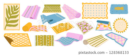 Cozy wool carpets and bath rugs. Decorative floor mats with various shapes and textures 128368133