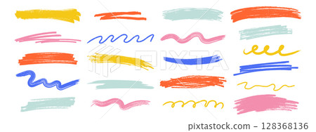 Hand drawn colorful chalk underline and swirl lines. Crayon brush strokes, wavy and spiral scrawls. Vector illustration on white background. 128368136