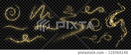 Festive gold glitter dust and stardust swirls. Vector design elements with magical sparkles for New Year and Christmas designs. 128368148