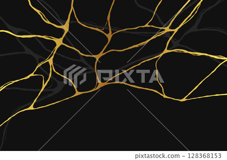 Gold kintsugi crack lines on black background. Japanese golden pattern, luxury marble texture. Vector illustration. 128368153