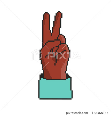 8 bit hand gesture icon. Pixel art object. Old school vintage game graphics. 128368163