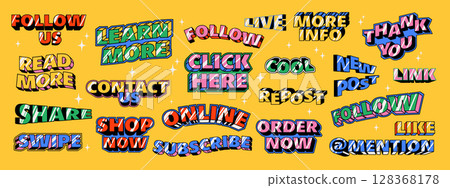 Call to action stickers. Modern text in trendy retro style. Y2k aesthetic. Action labels for social networks 128368178