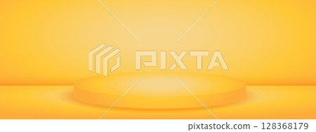Yellow studio background with podium pedestal. Limbo bg for product presentation. Modern banner with empty space for advertising text. Vector illustration. 128368179