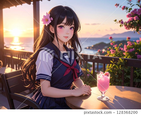 High school girls enjoying a date at a cafe at dusk 128368200