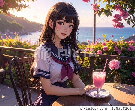 A high school girl looking at the sea on the balcony 128368201