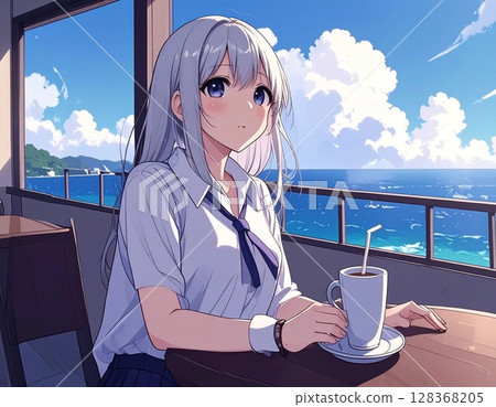 A woman drinking coffee at a cafe with a sea view 128368205