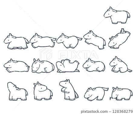 Set of cute mini horses_Line drawing 128368279