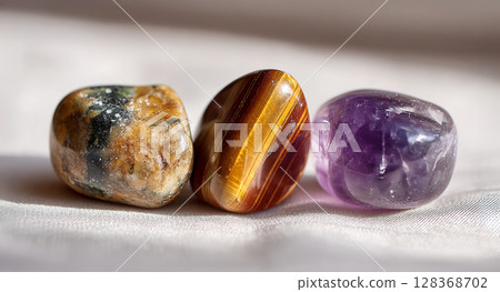 Three natural stones on a white cloth AI image 128368702