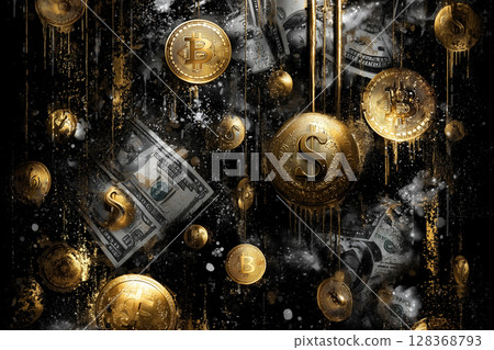 Bitcoin coins and US dollar banknotes abstract art background 128368793