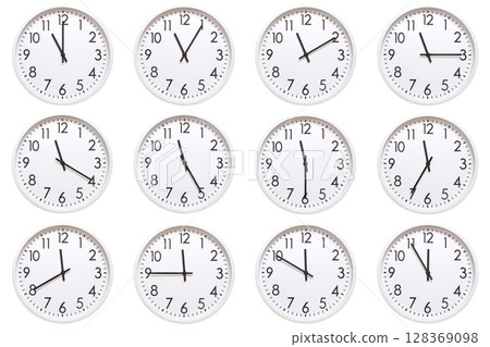 A set of 12 white analog wall clocks showing each hour from 11:00 to 11:55 or 23:00 to 23:55. Isolated on white background, suitable for time concept. 128369098
