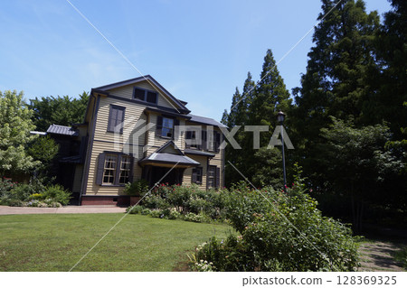 A house surrounded by roses 128369325