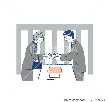 一名身著喪服的女子遞上慰問品,一名男性工作人員接過慰問品 一名身著喪服的女子遞上慰問品,一名男性工作人員接過慰問品 128369471