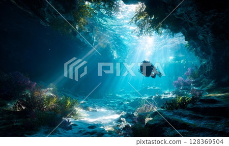 Scuba divers exploring a mysterious underwater cave Scuba divers exploring a mysterious underwater cave 128369504