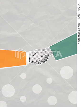 Contemporary Art Collage Depicting Business Handshake with Modern Geometric Elements and Vibrant Colors 128369534