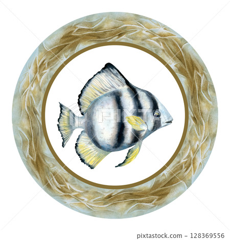 Black-white striped tropical fish in round frame with sea sand texture. Watercolor clip art in neutral colors on white background for sea design, tableware, posters, scrapbook, sticker, craft, textile 128369556