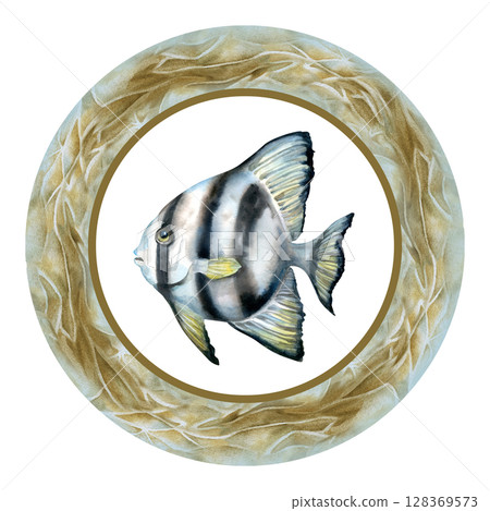 Black-white striped tropical fish in round frame with sea sand texture. Watercolor clip art in neutral colors on white background for sea design, tableware, posters, scrapbook, sticker, craft, textile 128369573