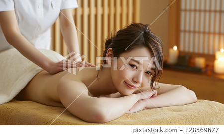 Beauty material of a smiling young woman receiving a massage at a beauty salon 128369677