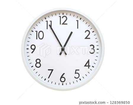 Wall clock showing 00:55 or 12:55. minimalist analog wall clock. suitable for time concept, deadline, schedule, or time zone visuals. 128369850
