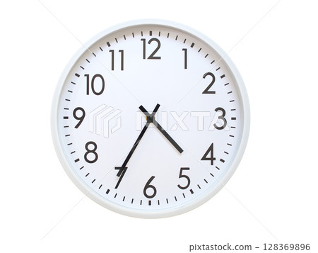Wall clock showing 04:35 or 16:35. minimalist analog wall clock. suitable for time concept, deadline, schedule, or time zone visuals. 128369896