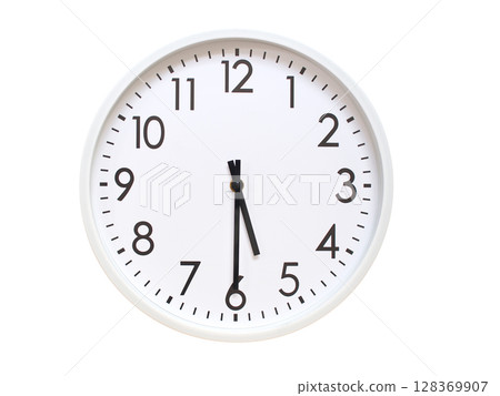 Wall clock showing 05:30 or 17:30. minimalist analog wall clock. suitable for time concept, deadline, schedule, or time zone visuals. 128369907