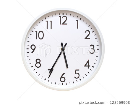 Wall clock showing 05:35 or 17:35. minimalist analog wall clock. suitable for time concept, deadline, schedule, or time zone visuals. 128369908