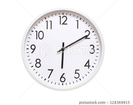 Wall clock showing 06:10 or 18:10. minimalist analog wall clock. suitable for time concept, deadline, schedule, or time zone visuals. 128369915