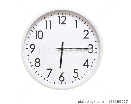 Wall clock showing 06:15 or 18:15. minimalist analog wall clock. suitable for time concept, deadline, schedule, or time zone visuals. 128369917