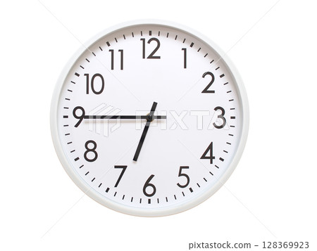 Wall clock showing 06:45 or 18:45. minimalist analog wall clock. suitable for time concept, deadline, schedule, or time zone visuals. 128369923