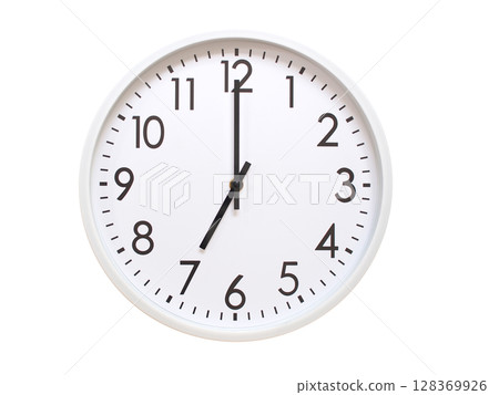 Wall clock showing 07:00 or 19:00. minimalist analog wall clock. suitable for time concept, deadline, schedule, or time zone visuals. 128369926