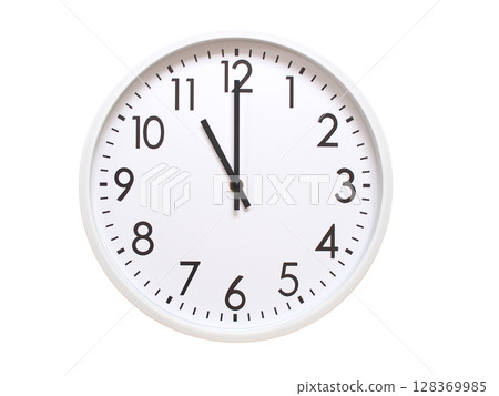 Wall clock showing 11:00 or 23:00. minimalist analog wall clock. suitable for time concept, deadline, schedule, or time zone visuals. 128369985