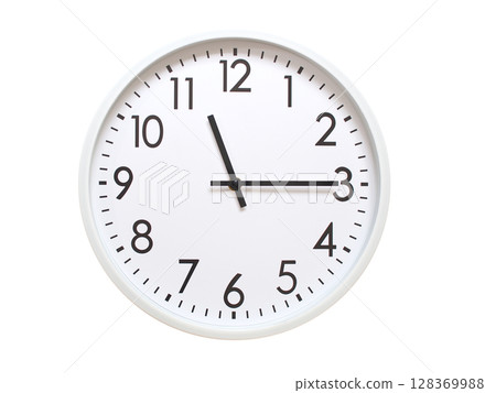 Wall clock showing 11:15 or 23:15. minimalist analog wall clock. suitable for time concept, deadline, schedule, or time zone visuals. 128369988