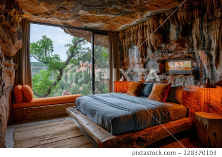 A bedroom with a bed and a bench, with a view of the mountains 128370103
