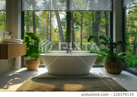 A bathroom with a large bathtub and a window overlooking a forest 128370110