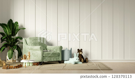 Charming children's room with plush decor and inviting design elements. 3D render illustration Charming children's room with plush decor and inviting design elements. 3D render illustration 128370113