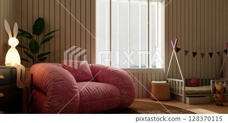 Gentle children's room with playful accents and warm decor. 3D render illustration 128370115