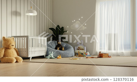 Childhood joy in a playful nursery with inviting elements. 3D render illustration 128370116