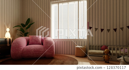 Stylish children's room featuring comfort and playful decor elements. 3D render illustration 128370117