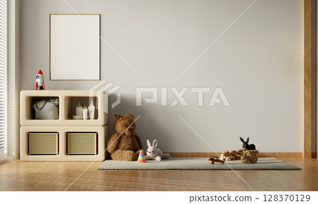 Modern children's room design with soft tones and playful accents. 3D render illustration 128370129