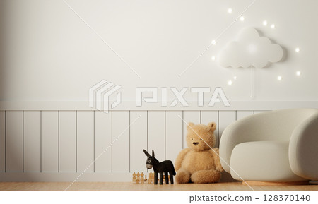 Children's room decor with playful elements and cozy atmosphere. 3D render illustration 128370140