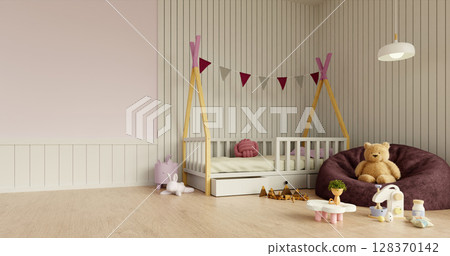Childhood happiness in a cozy nursery with playful decor. 3D render illustration Childhood happiness in a cozy nursery with playful decor. 3D render illustration 128370142