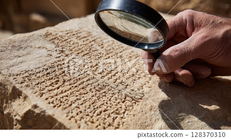 Archaeologist Examining Ancient Stone Inscription with Magnifying Glass 128370310