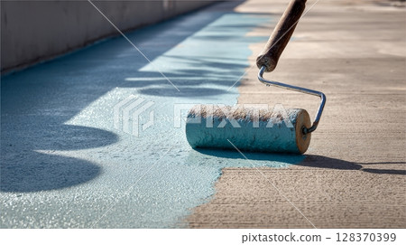 Photorealistic Application of Waterproof Sealant on Concrete Surface with Roller 128370399