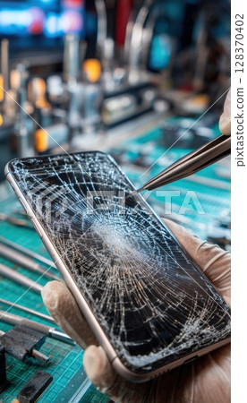 First-Person View of Repairing Cracked Phone Screen with Tools in Technician Workspace 128370402