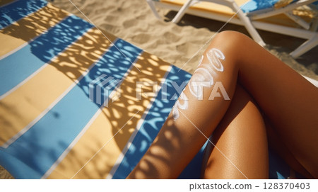 First-person view of applying sunscreen on legs under beach umbrella shadows 128370403