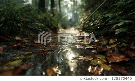 Photorealistic Forest Path After Rain with Wet Leaves and Soft Reflections 128370440