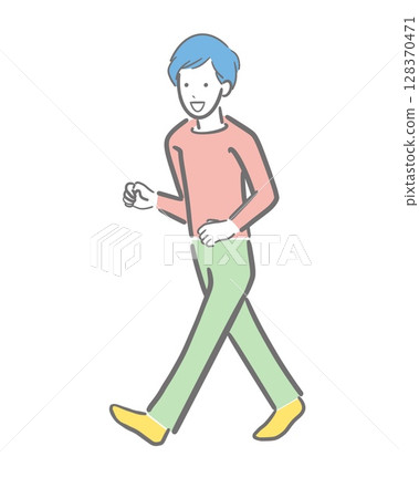 一位年輕男子微笑著行走的彩色插圖 128370471