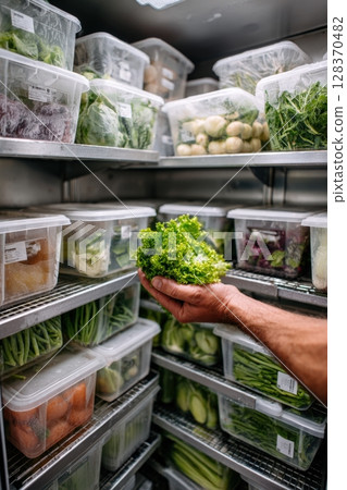 POV of Selecting Fresh Produce in a Walk-In Fridge with Frosted Containers POV of Selecting Fresh Produce in a Walk-In Fridge with Frosted Containers 128370482
