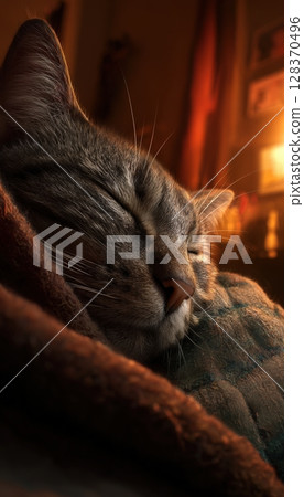 Cozy POV of Cuddling a Sleeping Cat in Warm Lighting 128370496