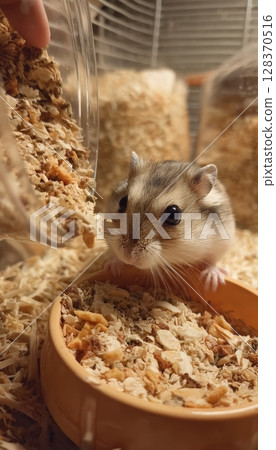 First-Person View of Feeding a Hamster in Its Cage with Nutritious Food 128370516